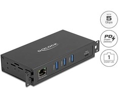 Karta jungiama į tinklą Delock 3 Port USB 5 Gbps Hub + RJ45 Gigabit LAN PoE++ Port złącze hosta USB Type-C™ w obudowie metalowej i 1,5 kV Isolation