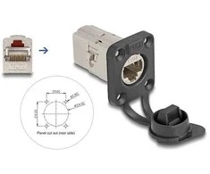 Delock D-Typ RJ45 Einbaubuchse / Kupplung Cat.6A STP mit Schutzkappe IP66 staub- und wasserdicht