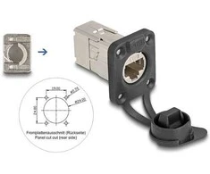 Delock D-Typ RJ45 Einbaubuchse mit LSA Anschluss Cat.6A STP mit Schutzkappe IP66 staub- und wasserdicht