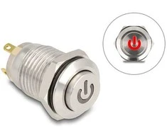 Delock Drucktaster zum Einbau 12 mm 4 x Lötanschluss LED raudona Powersymbol