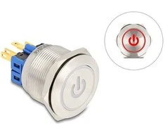 Delock Drucktaster zum Einbau 25 mm 6 x Lötanschluss LED raudona Powersymbol + Ring