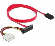 Delock Kabelis SATA 6 Gb/s 7 Pin Buchse + Molex 4 Pin Strom Stecker > SATA 22 Pin Buchse oben gewinkelt 50 cm