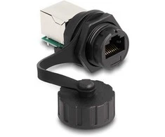 Delock Kabelverbinder RJ50 Buchse zu RJ50 Buchse zum Einbau mit Verschlusskappe IP68 staub- und wasserdicht juodas