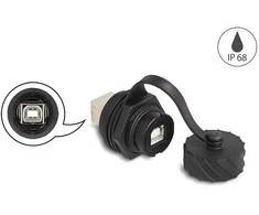 Delock Kabelverbinder USB 2.0 Typ-B Buchse zu Buchse zum Einbau mit Bajonett-Verschlusskappe IP68 staub- und wasserdicht juodas