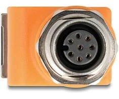 Delock M12 Adapteris A-kodiert 8 Pin Buchse zu RJ45 Buchse Cat.5e mit Befestigungsloch 90° gewinkelt oranžinis