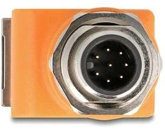 Delock M12 Adapteris A-kodiert 8 Pin Stecker zu RJ45 Buchse Cat.5e mit Befestigungsloch 90° gewinkelt oranžinis