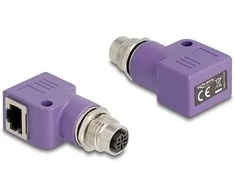 Delock M12 Adapteris D-kodiert 4 Pin Buchse zu RJ45 Buchse Cat.5e mit Befestigungsloch 90° gewinkelt violett