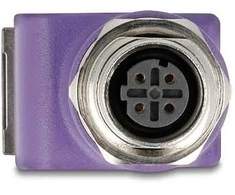 Delock M12 Adapteris D-kodiert 4 Pin Buchse zu RJ45 Buchse Cat.5e mit Befestigungsloch 90° gewinkelt violett