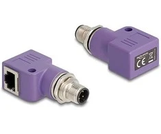 Delock M12 Adapteris D-kodiert 4 Pin Stecker zu RJ45 Buchse Cat.5e mit Befestigungsloch 90° gewinkelt violett