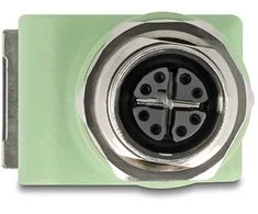 Delock M12 Adapteris X-kodiert 8 Pin Buchse zu RJ45 Buchse Cat.5e mit Befestigungsloch 90° gewinkelt grün