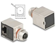 Delock M12 Adapteris X-kodiert 8 Pin Buchse zu RJ45 Buchse Cat.6A STP geschirmt 90° gewinkelt