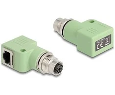 Delock M12 Adapteris X-kodiert 8 Pin Buchse zu RJ45 Buchse Cat.5e mit Befestigungsloch 90° gewinkelt grün