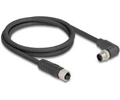 Delock M12 Kabelis L-kodiert 4 Pin Stecker rechts gewinkelt zu Buchse gerade PUR schleppkettentauglich 5 m juodas