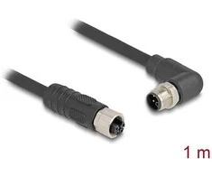 Delock M12 Kabelis L-kodiert 4 Pin Stecker rechts gewinkelt zu Buchse gerade PUR schleppkettentauglich 1 m juodas