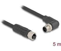 Delock M12 Kabelis L-kodiert 4 Pin Stecker rechts gewinkelt zu Buchse gerade PUR schleppkettentauglich 5 m juodas