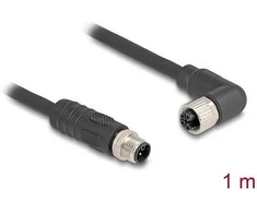 Delock M12 Kabelis L-kodiert 4 Pin Stecker gerade zu Buchse rechts gewinkelt PUR schleppkettentauglich 1 m juodas