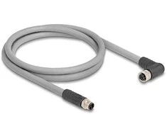 Delock M12 Kabelis L-kodiert 5 Pin Stecker gerade zu Buchse rechts gewinkelt PUR schleppkettentauglich 2 m grau