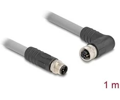 Delock M12 Kabelis L-kodiert 5 Pin Stecker gerade zu Buchse rechts gewinkelt PUR schleppkettentauglich 1 m grau