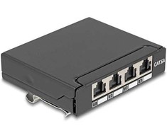 Delock Mini Desktop Patchpanel RJ45 Buchse 4 Port Cat.6A geschirmt juodas - zur Montage an Tisch, Wand oder Hutschiene