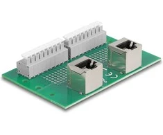 Delock RJ45 2 x Buchse zu 2 x Terminalblock mit Drucktaster für Hutschiene gewinkelt