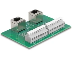Delock RJ45 2 x Buchse zu 2 x Terminalblock mit Drucktaster für Hutschiene gewinkelt