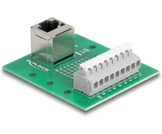 Delock RJ45 Buchse zu Terminalblock mit Drucktaster für Hutschiene gewinkelt