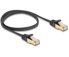 Delock RJ45 Flachband Netzwerkkabel mit Geflechtmantel Cat.6A U/FTP Stecker zu Stecker 0,5 m juodas