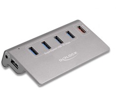 USB ŠAKOTUVAS Delock DeLOCK USB 10 Gbps šakotuvas su 4 USB A tipo prievadais + 1 greito įkrovimo prievadu, USB šakotuvas (pilkas, su maitinimo šaltiniu)