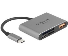 Skaitytuvas Delock DELOCK USB-C Card Reader fur SD und Micro SD Speicherkarten + USB 10 Gbps Typ-A Port und USB Type-C PD 2.0 85 W