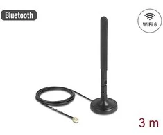 Delock WiFi 6 Antenne RP-SMA Stecker 3 dBi omnidirektional mit Anschlusskabel RG-174 3 m mit Kippgelenk mit magnetischem Standfuß juodas