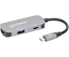 Adapteris AV Manhattan MANHATTAN USB-C į HDMI 3-in-1 prijungimo keitiklis USB 3.2 Type-C Vyriškas į HDMI 4K60Hz USB-A 5 Gbit/s ir USB-C maitinimo tiekimas 100W