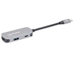 HUB USB Manhattan MANHATTAN USB-C 3-in-1 Konverter mit Power Delivery USB 3.2 Typ-C-Stecker auf HDMI 4K30Hz USB-A 5Gbit/s und USB-C PD 100W Alu Grau