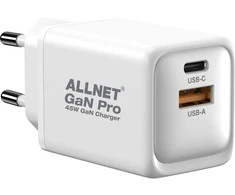 Allnet Z ALLNET Ersatznetzteil QC USB-C PD GaN įkroviklis Power Supply45Watt 1x USB Typ-A QC 1x USB Typ-C**EU PLUG**
