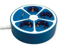 ROLINE 4-fach Steckdosenleiste mit Schalter, rund, USB-Charger A+C, blau, 1,5 m