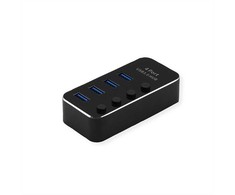 Roline USB HUB USB 3.2 Gen 1 šakotuvas, skirtas ROLINE nešiojamiesiems kompiuteriams, 4 prievadai, atskirai perjungiamas, juodas