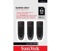 Sandisk ULTRA 64GB USB 3.0 FLASH DRIVE - 130MB/S READ 3 PACK (Juodas)