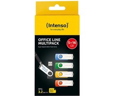 Mėlyna Intenso Office Line Multipack 16 GB, USB-Stick - 5 USB-A 3.2 USB-Sticks in yellow, žalias, juodas, mėlynas + oranžinis
