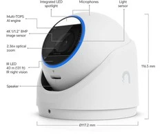 Ubiquiti UVC-G6-Pro-Turret-W Visoms oro sąlygoms atspari 4K PoE+ kamera su „Multi-TOPS“ dirbtinio intelekto varikliu, 2,36 karto optiniu priartinimu ir dideliu 1/1,2 colio CMOS jutikliu, užtikrinančiu išskirtinį aiškumą esant prastam apšvietimui ir didelio nuotolio IR naktinį matymą.