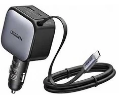 Įkroviklis samochodowa Ugreen EC603, USB-C + USB, 90W, ze zwijanym kablem (pilka)