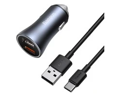Baseus Automobilinis įkroviklis 40W 12-24V 2xUSB QC4.0 SCP FCP AFC su USB-C 1m laidu, pilkas