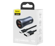 Baseus Automobilinis įkroviklis 40W 12-24V 2xUSB QC4.0 SCP FCP AFC su USB-C 1m laidu, pilkas
