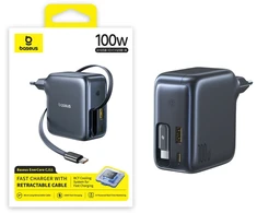 Baseus EnerCore CJ11 100W su portami USB-A oraz USB-C i ze zwijanym kablem USB-C - juoda