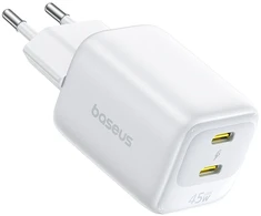Baseus Sieninis įkroviklis EnerFill FE22 45W 2xUSB-C QC PD su USB-C kabeliu 1m, baltas