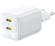 Baseus Sieninis įkroviklis EnerFill FE22 45W 2xUSB-C QC PD su USB-C kabeliu 1m, baltas