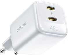 Baseus Sieninis įkroviklis EnerFill FE22 45W 2xUSB-C QC PD su USB-C kabeliu 1m, baltas