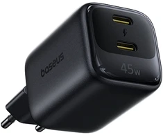 Baseus Sieninis įkroviklis EnerFill FE22 45W 2xUSB-C QC PD su USB-C kabeliu 1m, juodas