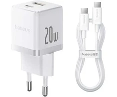 Baseus Sieninis įkroviklis Palm 20W USB + USB-C QC3.0 PD3.0 su USB-C kabeliu 1m, baltas