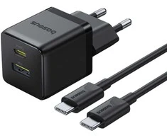 Baseus Sieninis įkroviklis Palm 30W USB + USB-C QC3.0 PD3.0 su USB-C kabeliu 1m, juodas