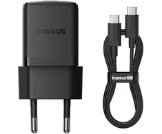 Baseus Sieninis įkroviklis Palm 30W USB-C QC3.0 PD3.0 su USB-C kabeliu 1m, juodas