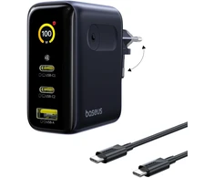 Baseus Sieninis įkroviklis PicoGo AE21 100W USB-A + 2xUSB-C QC PD su ekranu, juodas